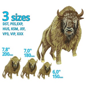 May include: Three sizes of an embroidery design of a brown bison. The sizes are 7.8 inches (200 mm), 7 inches (180 mm), and 6 inches (150 mm). The design is available in several formats, including DST, PES, EXP, HUS, KSM, JEF, VP3, VIP, and XXX.