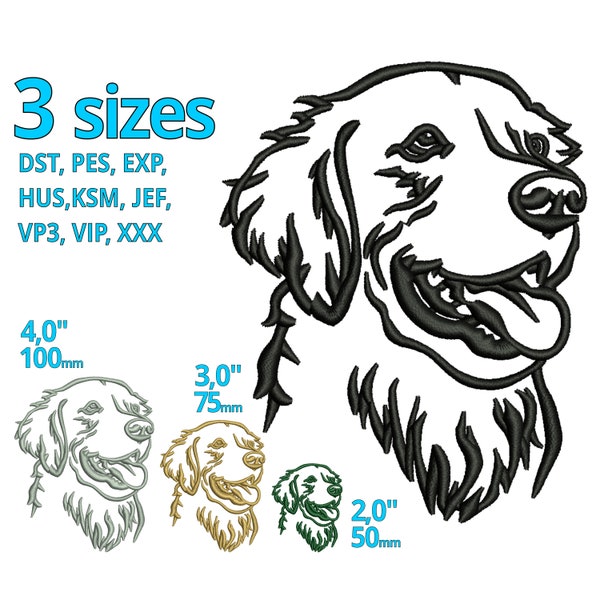 Golden Retriever embroidery design 3 sizes, portrait smiling dog head brother machine embroidery file cute dog lovers gift outline puppy