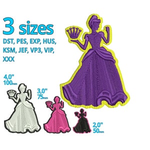 Puede incluir: Tres diseños de bordado de una princesa con un vestido morado sosteniendo una corona. Los diseños están disponibles en tres tamaños: 10 cm, 7,5 cm y 5 cm. Los formatos de archivo incluyen DST, PES, EXP, HUS, KSM, JEF, VP3, VIP y XXX.