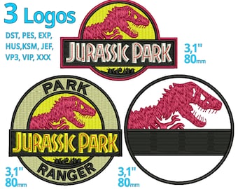Jurassic Park Stickdatei | 3 LOGOS | Digitaler Download | Park Ranger Badge Patch - T-Rex Dino Namensschild | Stickdatei Maschinenstickerei