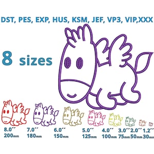 Puede incluir: Un contorno púrpura de un pegaso de dibujos animados con alas, sonriendo, y ocho tamaños diferentes, que van desde 3 cm hasta 20 cm. El texto "8 sizes" está en color turquesa. La imagen también contiene extensiones de tipo de archivo.