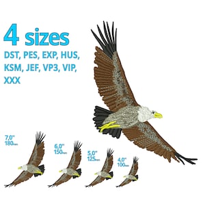 Puede incluir: Un diseño de bordado de un águila marrón y blanca en vuelo. El diseño está disponible en cuatro tamaños: 7,0 pulgadas (180 mm), 6,0 pulgadas (150 mm), 5,0 pulgadas (125 mm) y 4,0 pulgadas (100 mm). El diseño está disponible en los siguientes formatos: DST, PES, EXP, HUS, KSM, JEF, VP3, VIP y XXX.