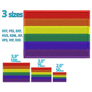 Könnte beinhalten: Drei Größen von Regenbogen-Pride-Flaggen-Patches, die 3,9 Zoll (100 mm), 3 Zoll (75 mm) und 2 Zoll (50 mm) messen.