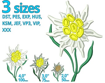 Può includere: Tre fiori di stella alpina ricamati in bianco con centri gialli, in tre diverse dimensioni: 10 cm, 7,5 cm e 5 cm. I fiori sono su uno sfondo bianco.