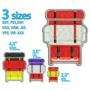 May include: Three embroidered backpack patches in different sizes: 4 inches, 3 inches, and 2 inches. The patches are red, white, and black with a yellow base. The text on the patches reads "4.0" 100mm, "3.0" 75mm, and "2.0" 50mm.