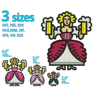 May include: An embroidery design of a woman in a traditional German dirndl dress holding two mugs of beer. The design is available in three sizes: 4 inches, 3 inches, and 2 inches. The design is available in multiple embroidery file formats.