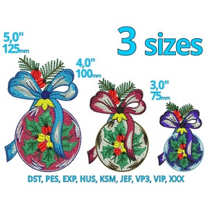 Christmas ball embroidery design 3 Sizes - Laurel Ribbon Ball machine embroidery file Winter Advent Season decoration Motif trendy Xmas Logo