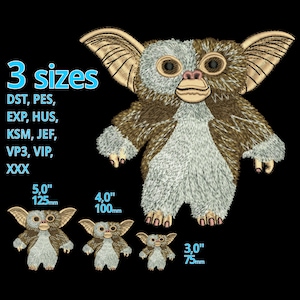 May include: Three embroidery designs of a furry, brown and white creature with large ears. The designs are available in three sizes: 5 inches, 4 inches, and 3 inches. The text "3 sizes" is displayed above the designs, and the text "DST, PES, EXP, HUS, KSM, JEF, VP3, VIP, XXX" is displayed below the designs.