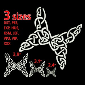 May include: Three sizes of a white Celtic knot butterfly design embroidery pattern. The sizes are 3.9 inches, 3.1 inches, and 2.4 inches. The embroidery file formats are DST, PES, EXP, HUS, KSM, JEF, VP3, VIP, and XXX.