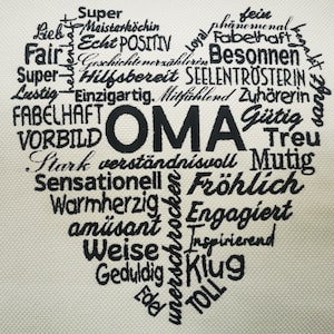 May include: A heart-shaped word cloud with the word "OMA" in the center. The word cloud is made up of positive adjectives in German, such as "hilfsbereit", "treu", and "fr&ouml;hlich".