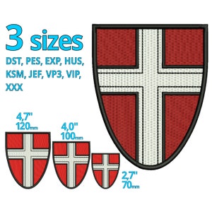 May include: Three sizes of embroidered patches featuring a red shield with a white cross. The patches are 4.7 inches, 4 inches, and 2.7 inches in diameter.