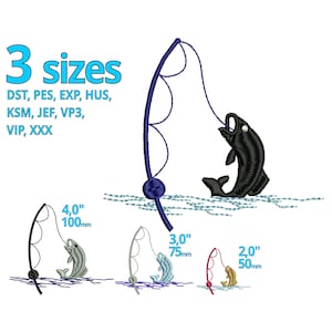 Puede incluir: Tres diseños de bordado de un pez que es atrapado por una caña de pescar. Los diseños están disponibles en tres tamaños: 4 pulgadas, 3 pulgadas y 2 pulgadas. Los diseños están disponibles en los siguientes formatos: DST, PES, EXP, HUS, KSM, JEF, VP3, VIP y XXX.