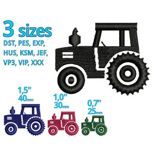 May include: Three sizes of tractor embroidery designs in black, blue, red, and green. The designs are 1.5 inches, 1 inch, and 0.7 inches in size. The embroidery files are available in DST, PES, EXP, HUS, KSM, JEF, VP3, VIP, and XXX formats.