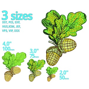 May include: Three embroidery designs of acorns and oak leaves in three different sizes: 4 inches, 3 inches, and 2 inches. The designs are in shades of green, brown, and yellow.