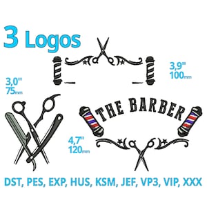 Conception de broderie BARBER | 3 LOGOS | Barbier magasin ciseaux, rasoir, poteau Symbole Machine Broderie fichier Barbier décoration | Téléchargements
