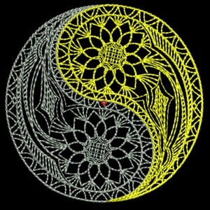 May include: A yin yang symbol with a yellow and silver mandala design. The yin yang symbol is a circular shape with two halves, one black and one white, representing opposing forces in balance.