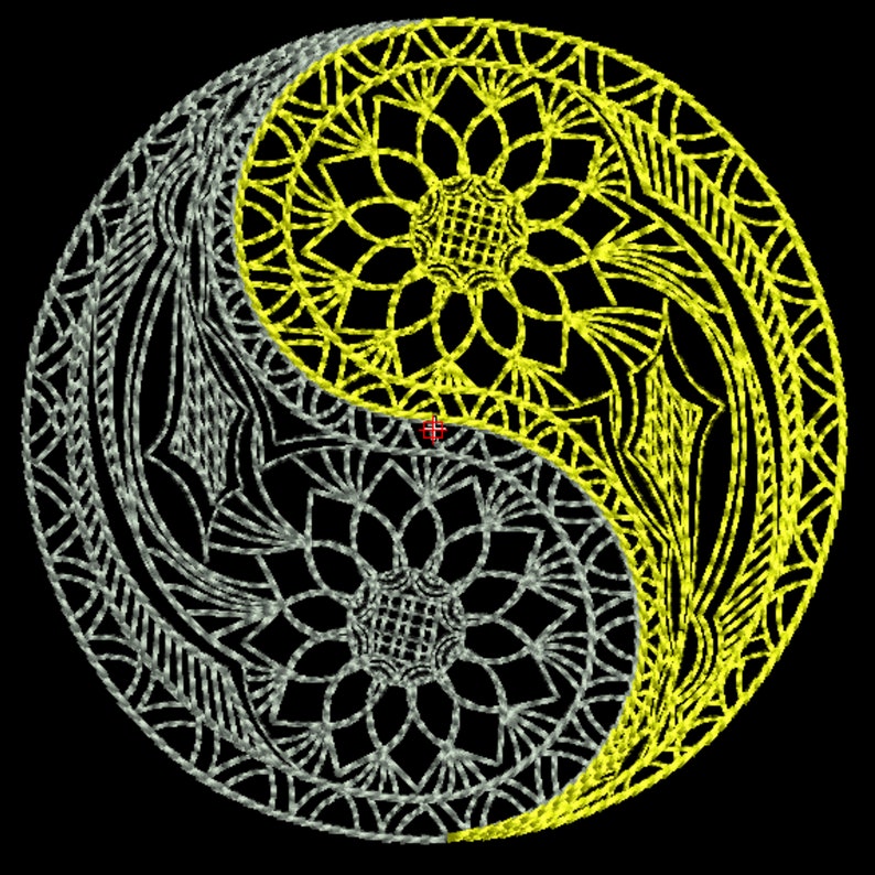 May include: A yin yang symbol with a yellow and silver mandala design. The yin yang symbol is a circular shape with two halves, one black and one white, representing opposing forces in balance.
