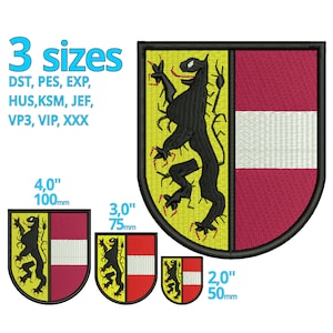 May include: Three embroidery designs of a heraldic shield with a black lion on a yellow background and a white and red stripe. The designs are available in three sizes: 4 inches, 3 inches, and 2 inches.