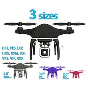 Peut inclure: Trois tailles de motif de broderie de drone noir. Le motif comprend une caméra et un train d'atterrissage. Les tailles sont de 4 pouces (100 mm), 3 pouces (75 mm) et 2 pouces (50 mm).