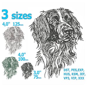Könnte beinhalten: Schwarzweißes Linienkunst-Stickmuster eines Hundekopfes. Das Design ist in drei Größen erhältlich: 4 Zoll (10 cm), 4 Zoll (10 cm) und 3 Zoll (7,5 cm). Das Design ist in folgenden Formaten erhältlich: DST, PES, EXP, HUS, KSM, JEF, VP3, VIP, XXX.