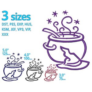 Può includere: Tre dimensioni di un calderone viola con un cappello da strega e vapore che esce dalla parte superiore. Il calderone misura 5 pollici, 4 pollici e 3 pollici.