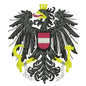 K&ouml;nnte beinhalten: Ein schwarzer Adler mit einem rot-wei&szlig;en Schild auf der Brust, der eine Sichel und einen Hammer in seinen Krallen h&auml;lt. Der Adler ist von einer goldenen Krone und einer Kette umgeben.