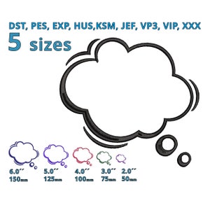 Pode incluir: Contorno preto e branco de uma bolha de pensamento com cinco tamanhos diferentes da bolha em várias cores. Os tamanhos são 6 polegadas, 5 polegadas, 4 polegadas, 3 polegadas e 2 polegadas. Os tamanhos também são listados em milímetros.