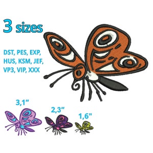 Puede incluir: Tres diseños de bordado de mariposa en diferentes tamaños: 3,1 pulgadas, 2,3 pulgadas y 1,6 pulgadas. La mariposa es naranja con contornos negros y detalles blancos. Los diseños están disponibles en los formatos DST, PES, EXP, HUS, KSM, JEF, VP3, VIP y XXX.