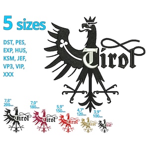Stickdatei TIROL Adler mit Schrift Wappen 5 Größen - Sofort Download Austria Landeswappen Eagle machine Embroidery design file