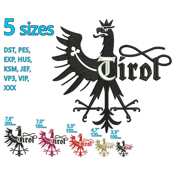 Stickdatei TIROL Adler mit Schrift Wappen 5 Größen - Sofort Download Austria Landeswappen Eagle machine Embroidery design file