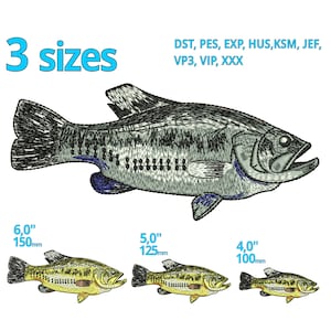 Bass Fisch Stickmotive | 3 Größen | Echter Fisch Maschinenstickdatei | Angeln Logo | Save the Ocean Leben Fisch auf Angler