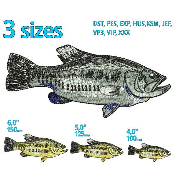Bass Fisch Stickmotive | 3 Größen | Echter Fisch Maschinenstickdatei | Angeln Logo | Save the Ocean Leben Fisch auf Angler