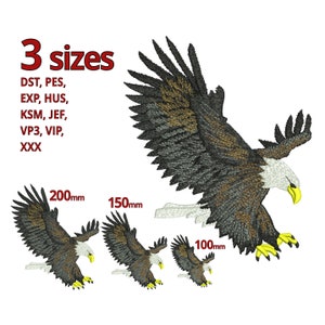 Puede incluir: Tres tamaños de un diseño de bordado de un águila calva con las alas extendidas. El águila es marrón, gris y blanca. El diseño está disponible en tamaños de 200 mm, 150 mm y 100 mm.