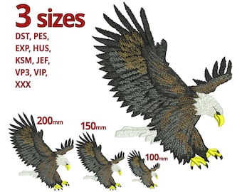 Può includere: Tre dimensioni di un ricamo di un'aquila calva con le ali spiegate. L'aquila è marrone, grigia e bianca. Il ricamo è disponibile nelle dimensioni 200 mm, 150 mm e 100 mm.