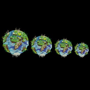 May include: Four embroidered Earth globes of different sizes, each with a blue and green color scheme, depicting continents and oceans. The globes are surrounded by a black background.