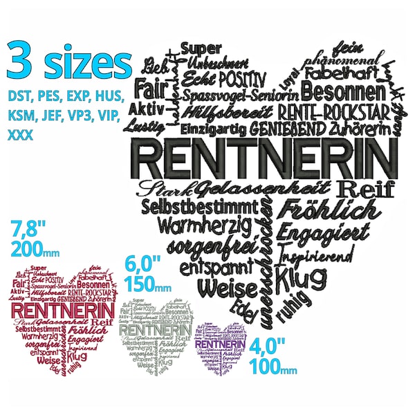 RENTNERIN Stickdatei Wörterherz - Stickerei Rentner Herz aus Wörter Spruch für Stickmaschine Pensionistin Wortherz Geschenksidee