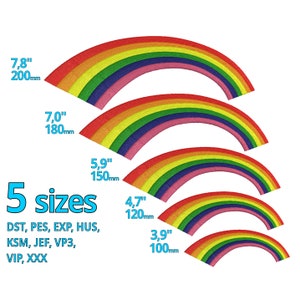 May include: Five rainbow embroidery designs in different sizes, ranging from 3.9 inches to 7.8 inches. The designs are available in DST, PES, EXP, HUS, KSM, JEF, VP3, VIP, and XXX formats.