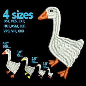 May include: Four embroidered goose designs in different sizes: 4 inches, 3 inches, 2 inches, and 1.5 inches. The designs are white with orange feet and beaks. The text "4 sizes" is at the top of the image. The text "DST, PES, EXP, HUS, KSM, JEF, VP3, VIP, XXX" is below the text "4 sizes".