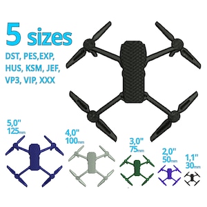May include: Five different sizes of a black drone embroidery design. The sizes are 5.0 inches (125 mm), 4.0 inches (100 mm), 3.0 inches (75 mm), 2.0 inches (50 mm), and 1.1 inches (30 mm). The embroidery design is available in DST, PES, EXP, HUS, KSM, JEF, VP3, VIP, and XXX formats.