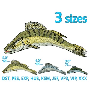 Op de afbeelding: Een borduurontwerp van een groene en gele vis in drie verschillende maten: 5 inch, 4 inch en 3 inch. Het ontwerp is beschikbaar in 10 verschillende formaten: DST, PES, EXP, HUS, KSM, JEF, VP3, VIP en XXX.