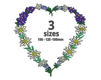 FLORAL Heart Embroidery Design Bouquet Wildflowers 3 SIZES, Edelweiss Mountain Flowers Embroidery file Bunch of Flowers - Instant Download
