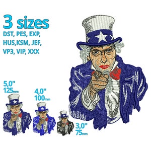 Puede incluir: Diseño de bordado de Tío Sam en tres tamaños: 5 pulgadas (125 mm), 4 pulgadas (100 mm) y 3 pulgadas (75 mm). El diseño presenta al Tío Sam apuntando con una expresión severa, vistiendo una chaqueta azul, corbata de moño roja y un sombrero de copa blanco con una estrella.