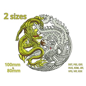 May include: Embroidered design of a yin yang symbol with a golden dragon and a white dragon, available in two sizes: 100mm and 80mm.  The design is available in multiple embroidery file formats: DST, PES, EXP, HUS, KSM, JEF, VP3, VIP, XXX.