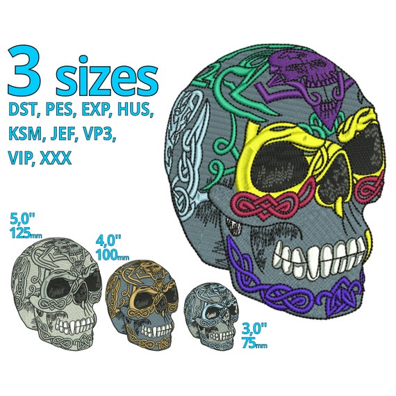Tattoo Embroidery Design 3 Sizes Skull Head Machine Embroidery  