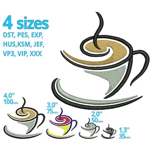 Puede incluir: Imagen de un diseño estilizado de taza de café en cuatro tamaños diferentes: 100mm, 75mm, 50mm y 35mm de ancho. El diseño incluye el texto "4 tamaños" y formatos de archivos de bordado. La taza más grande tiene forma de espiral.