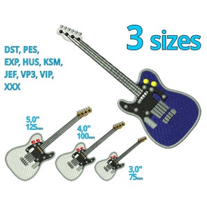 Electric guitar embroidery design 3 sizes Guitar machine embroidery file rock heavy metal guitar player Logo Motif