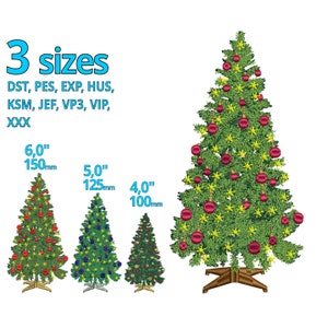Può includere: Tre disegni di alberi di Natale ricamati in diverse dimensioni: 15 cm (6 pollici), 12,5 cm (5 pollici) e 10 cm (4 pollici). Ogni albero è decorato con palline rosse e stelle gialle.
