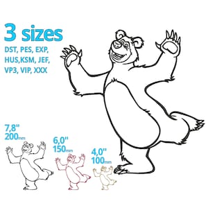 May include: A black and white line drawing of a cartoon bear with its arms raised in the air. The bear is shown in three different sizes: 7.8 inches, 6 inches, and 4 inches. The image includes the text "3 sizes" and "DST, PES, EXP, HUS, KSM, JEF, VP3, VIP, XXX".