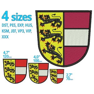 May include: Four embroidery designs of a heraldic shield with a yellow background, three black lions, a white stripe, and a red background. The designs are in four sizes: 4.7 inches, 4 inches, 3 inches, and 2.7 inches.