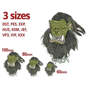 May include: Three embroidered designs of a green and brown orc head with a chain necklace. The designs are available in three sizes: 100mm, 80mm, and 60mm. The file formats available are DST, PES, EXP, HUS, KSM, JEF, VP3, VIP, and XXX.